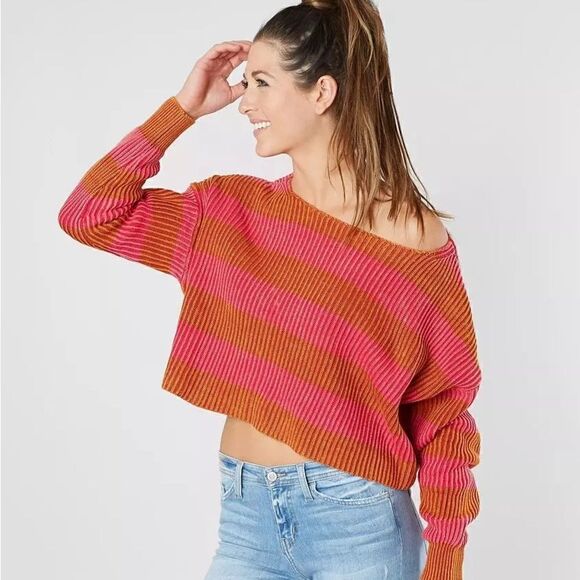 EUC Free People Just My Stripe Berry Combo Cropped Sweater Small - Picture 1 of 5